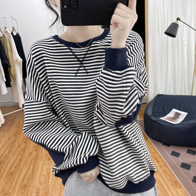 高品质条纹卫衣女宽松减龄上衣春秋复古圆领贴布套头慵懒外套