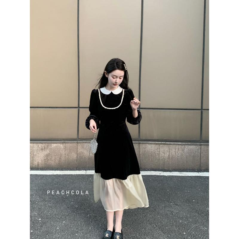 桃可了《妮可的收件箱》丝绒拼琉璃纱长袖连衣裙女秋冬打底内搭