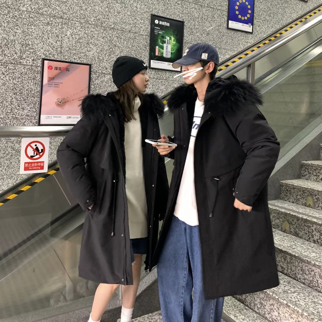 情侣中长款棉服外套加厚连帽大衣保暖黑色派克服时尚休闲潮流韩版