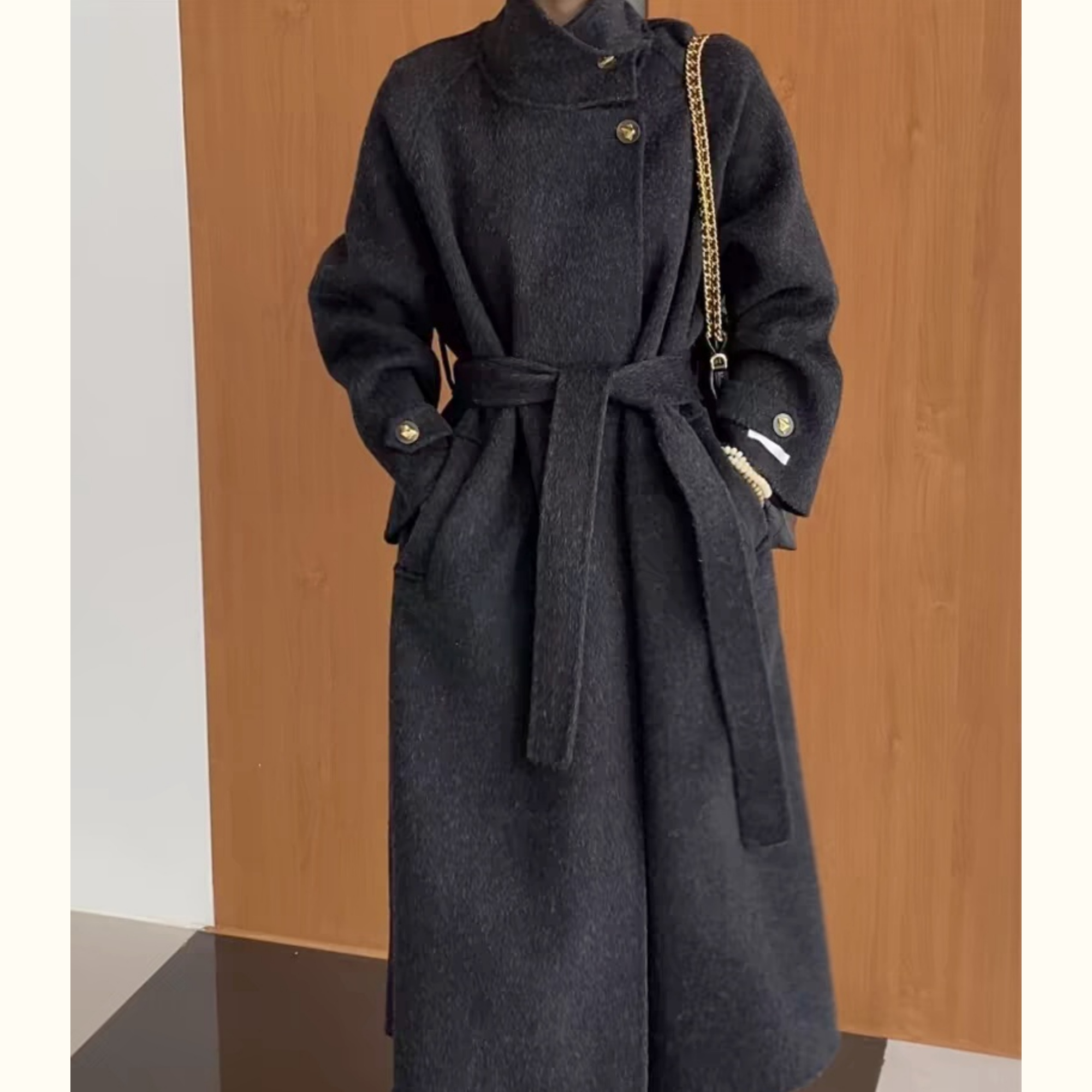 东大门立领秋冬加厚双面羊毛大衣女腰带宽松显瘦中长款毛呢外套女