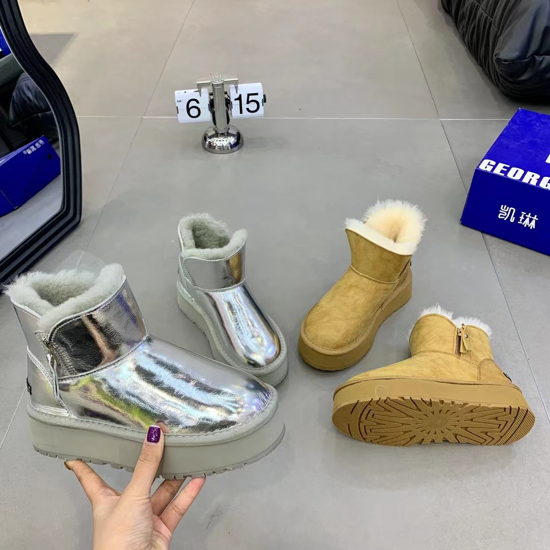 023-2冬季高端纯牛皮防水加厚羊毛厚底防滑雪地靴舒适简约侧拉链