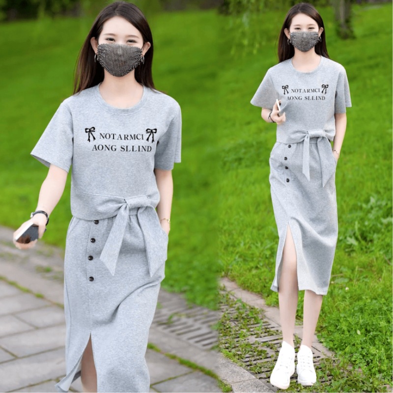 蝴蝶结休闲时尚显瘦莫奈花园风半身裙穿搭洋气减龄两件套连衣裙
