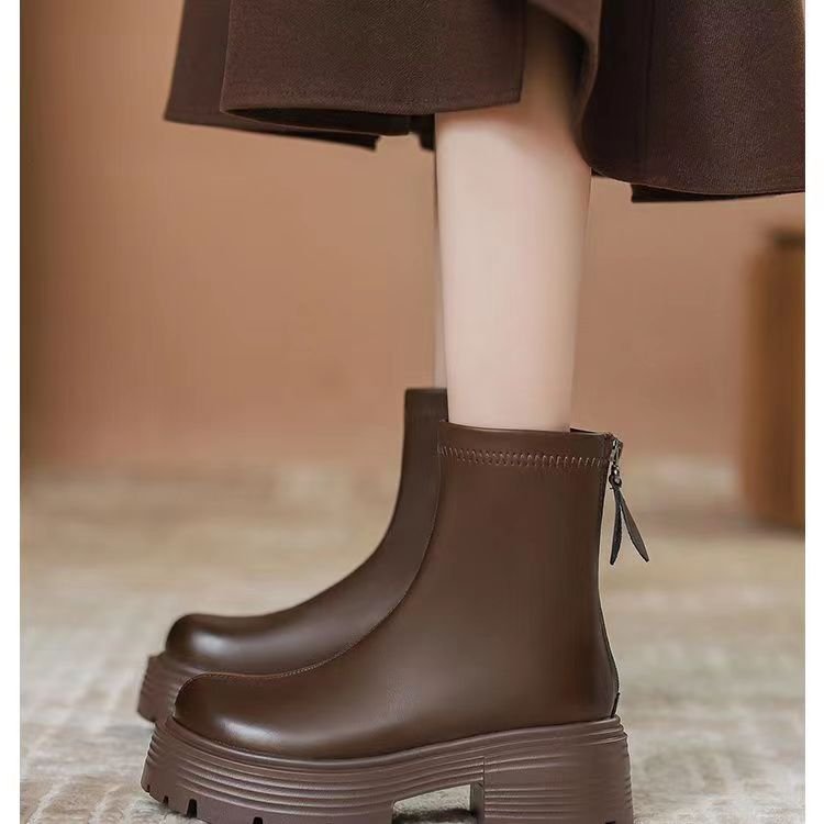 百搭英伦风短靴圆头弹力粗跟黑色粗瘦瘦靴秋冬秋季厚底马丁靴时尚