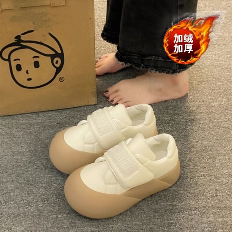 新款魔术贴加绒厚底板鞋女2024秋冬新款百搭小白鞋韩系运动休闲鞋