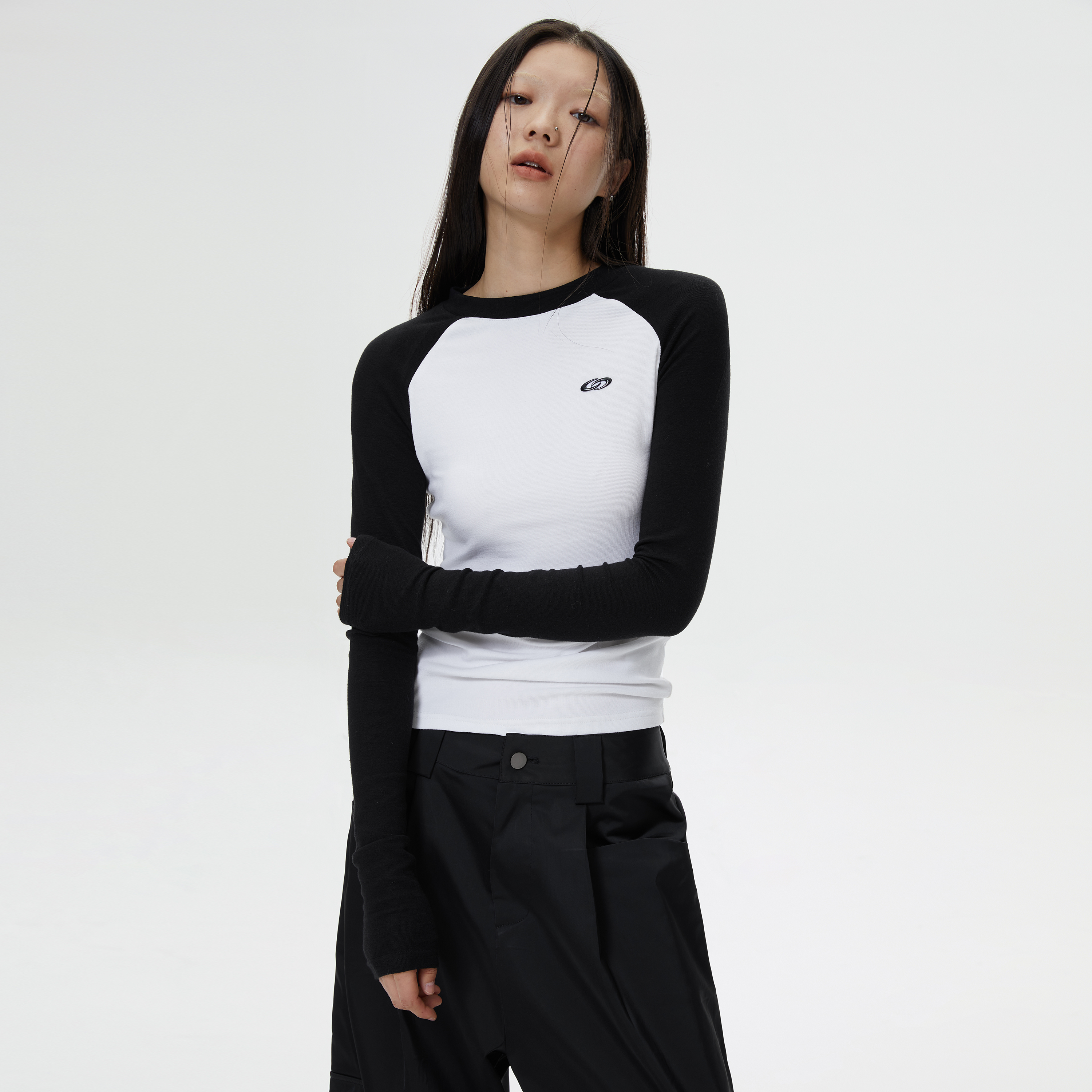 SMIIILE原创复古拼色插肩长袖t恤女秋冬辣妹高弹力修身内搭上衣