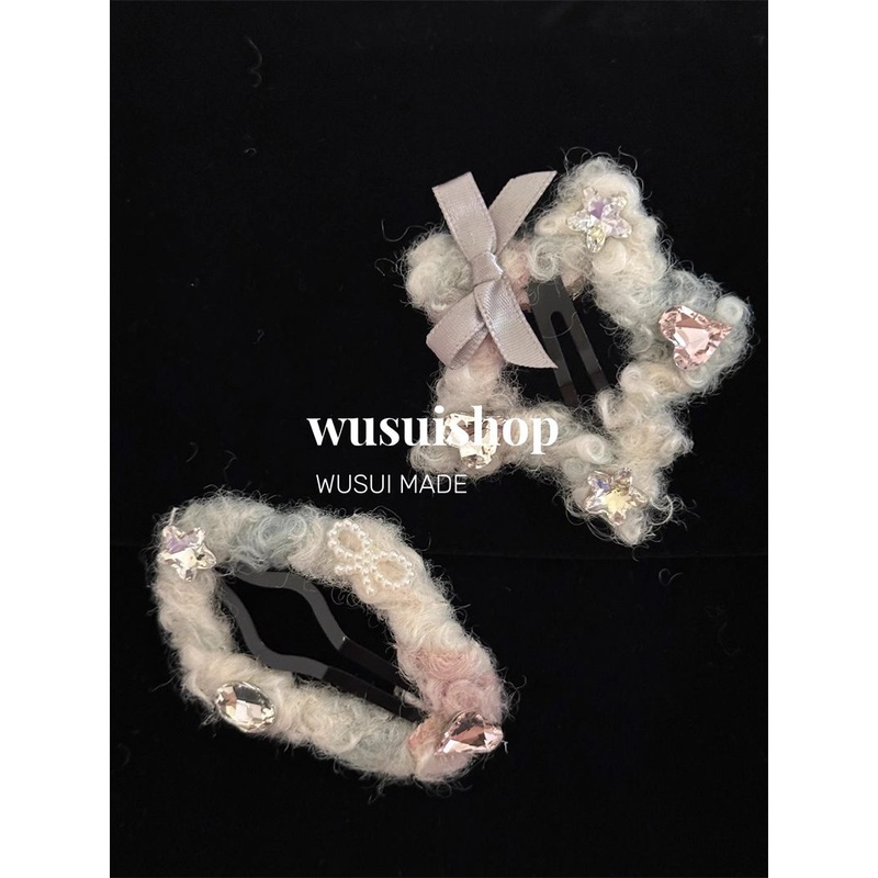 韩系ins风甜美毛绒水钻蝴蝶结发夹甜美可爱少女心精致发饰刘海夹