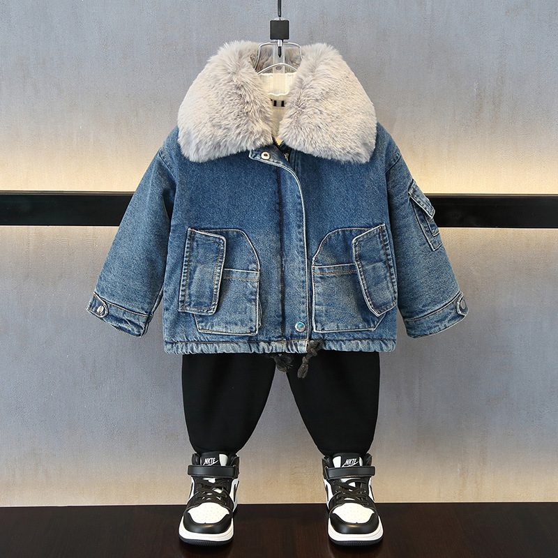 男童加绒牛仔外套毛领2023新款小儿童冬季棉衣加厚痞帅宝宝秋冬装