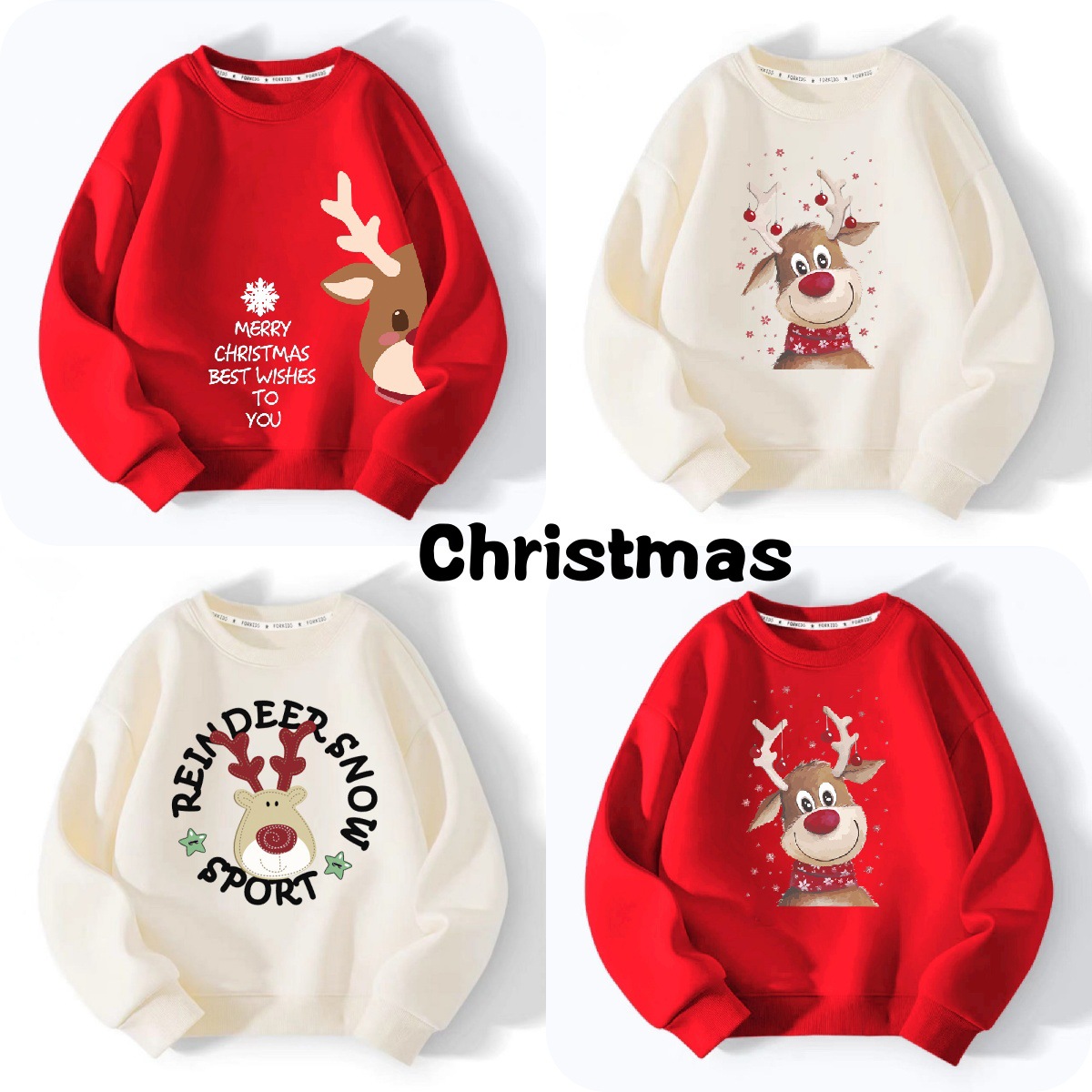 新款2023潮流原单圣诞节卡通印花红色卫衣宽松童装亲子麋鹿上衣