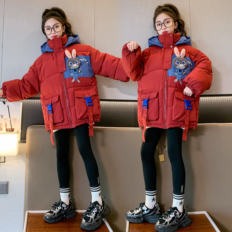 女童羽绒服2023年新款儿童兔子洋气加厚连帽外套中大童保暖冬装