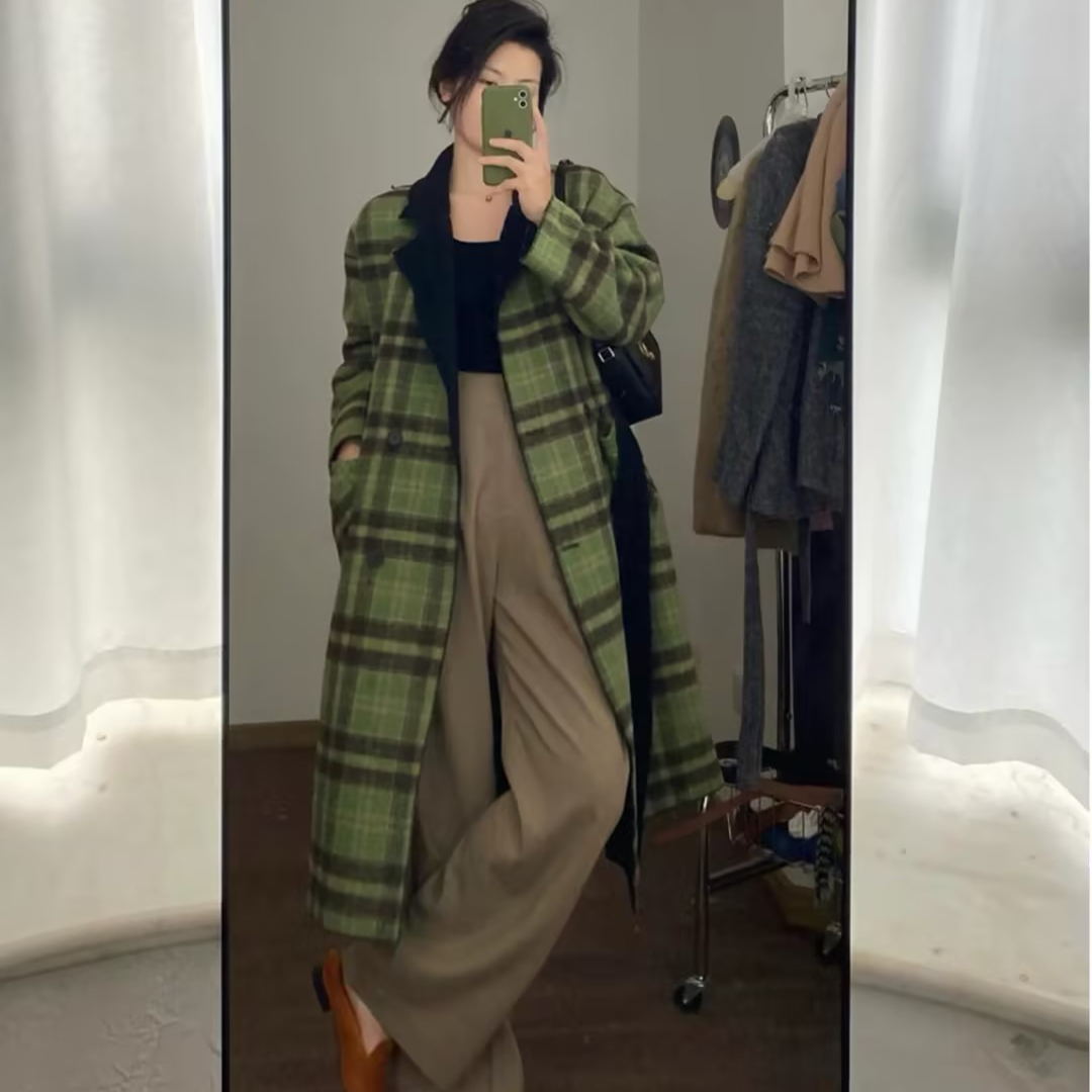 【宜宾衣世界】C56390毛呢外套女格子中长款复古开衫格纹百搭秋冬上