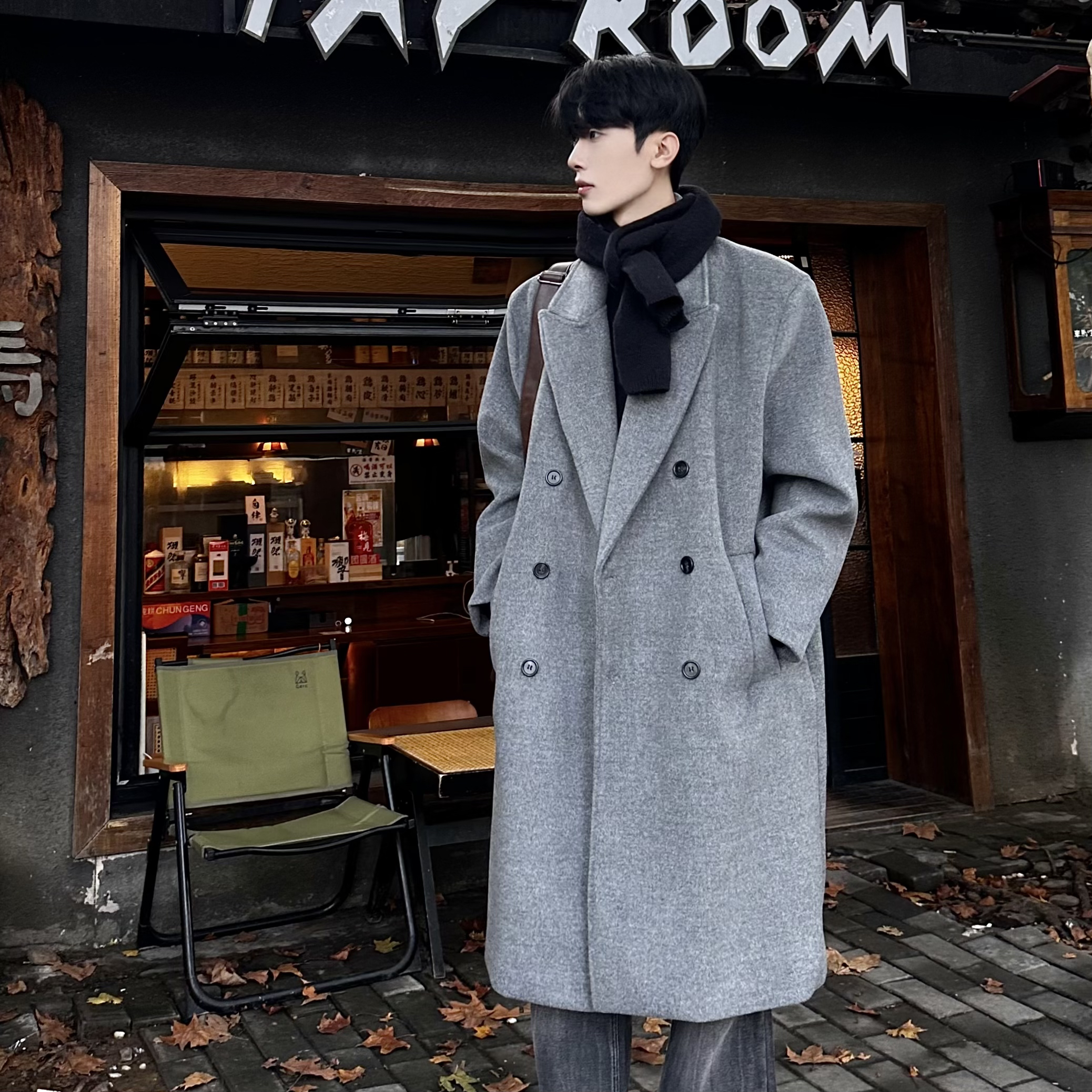 2韩韩APNDIP秋冬韩版双排扣设计师品质大衣男生百搭时尚潮流大衣