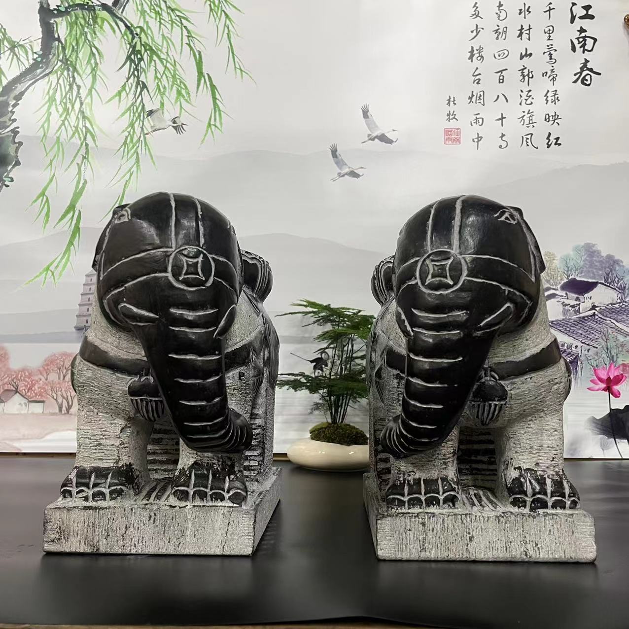 山西青石【高25cm】大象莲花座墩茶室庭院造景装饰古典家居摆件