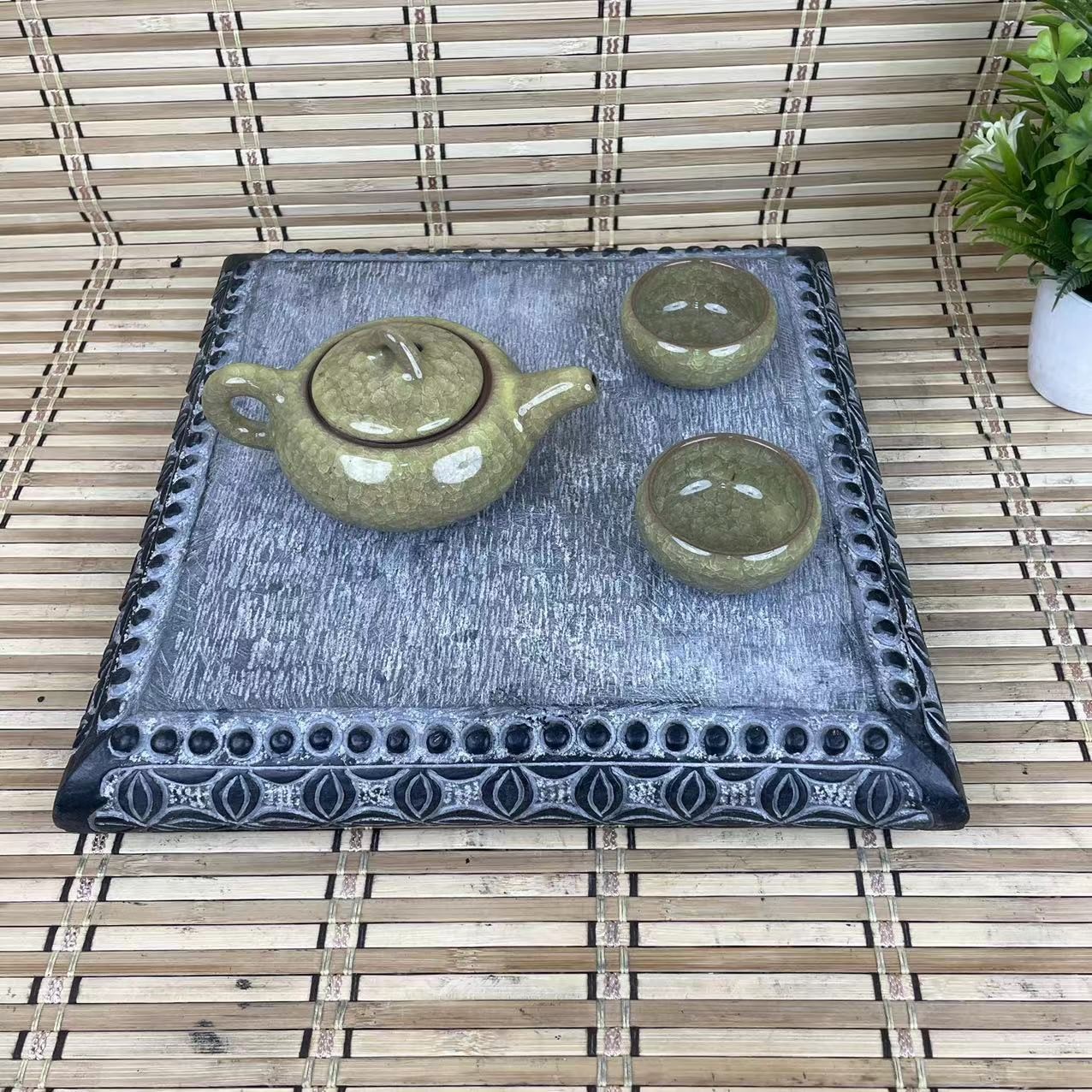 山西青石大方铜钱石座【直径30cm】摆件底座茶室小干泡台