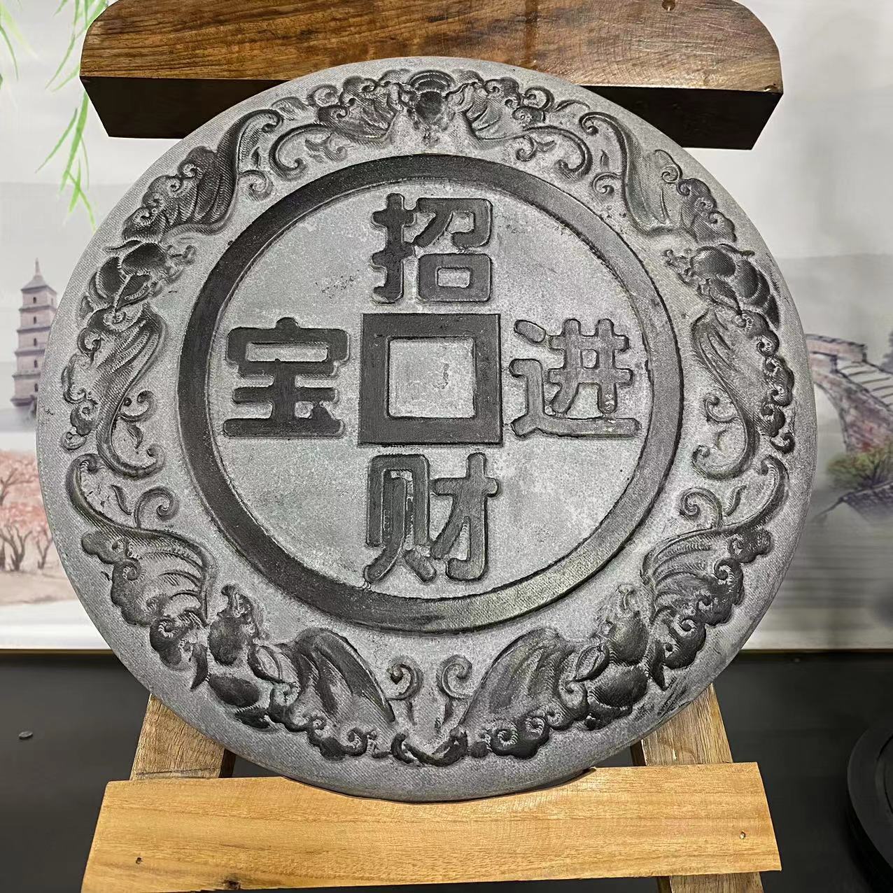 山西青石五福进宝摆件可当干泡茶台直径30厘米