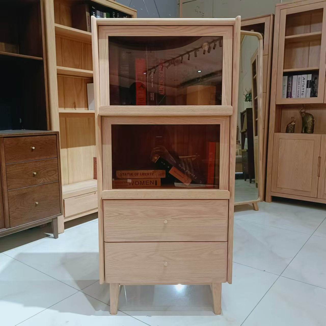 全实木翻门边柜北美红橡木电视边柜沙发边柜北欧客厅展示柜杂志柜