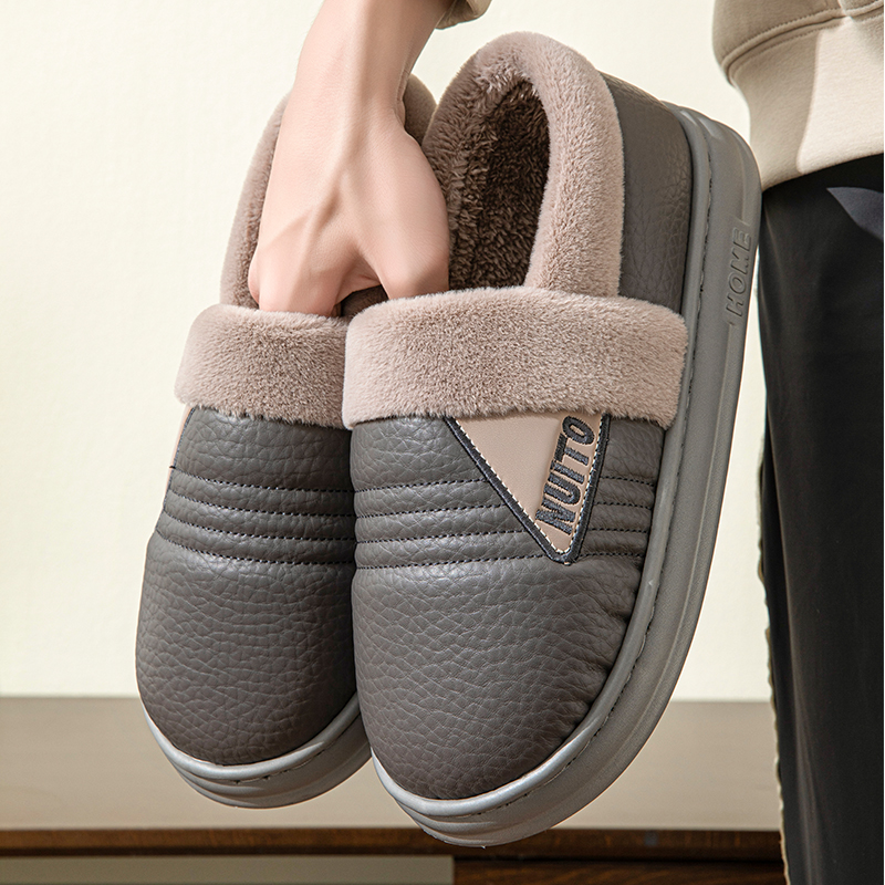 PU皮防水加厚男士大码居家防滑棉鞋耐磨包跟居家冬季防滑耐磨保暖