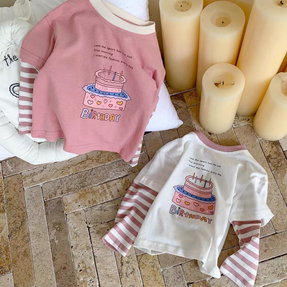 假两件条纹洋气拼接棉长袖宽松t恤女童可爱印花圆领儿童休闲上衣