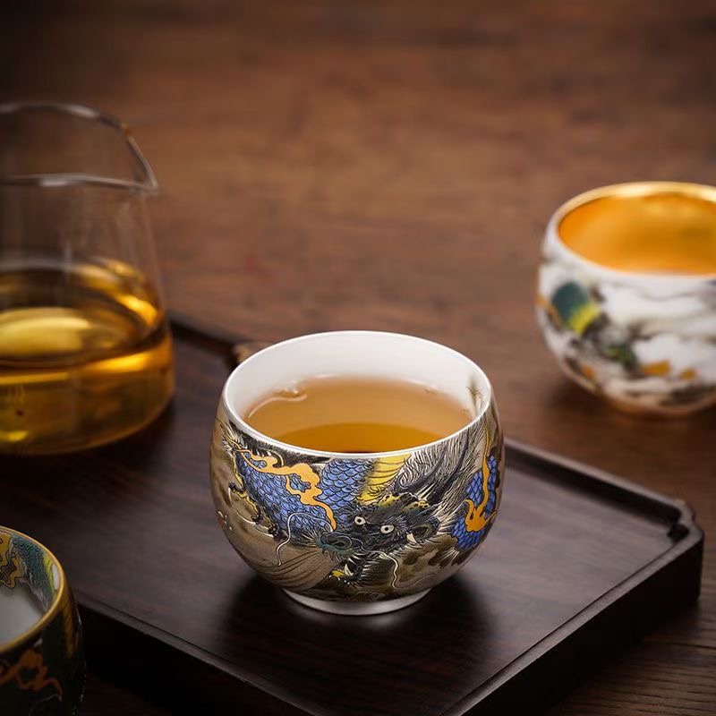 德化优质羊脂玉个人茶杯主人杯大师纯手工青龙鎏金杯描金陶瓷茶器