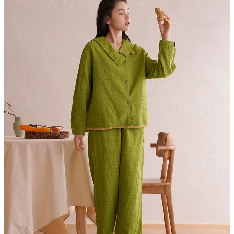 朵朵可可24春秋新款纯棉草绿长袖甜美开衫家居服套装cz180