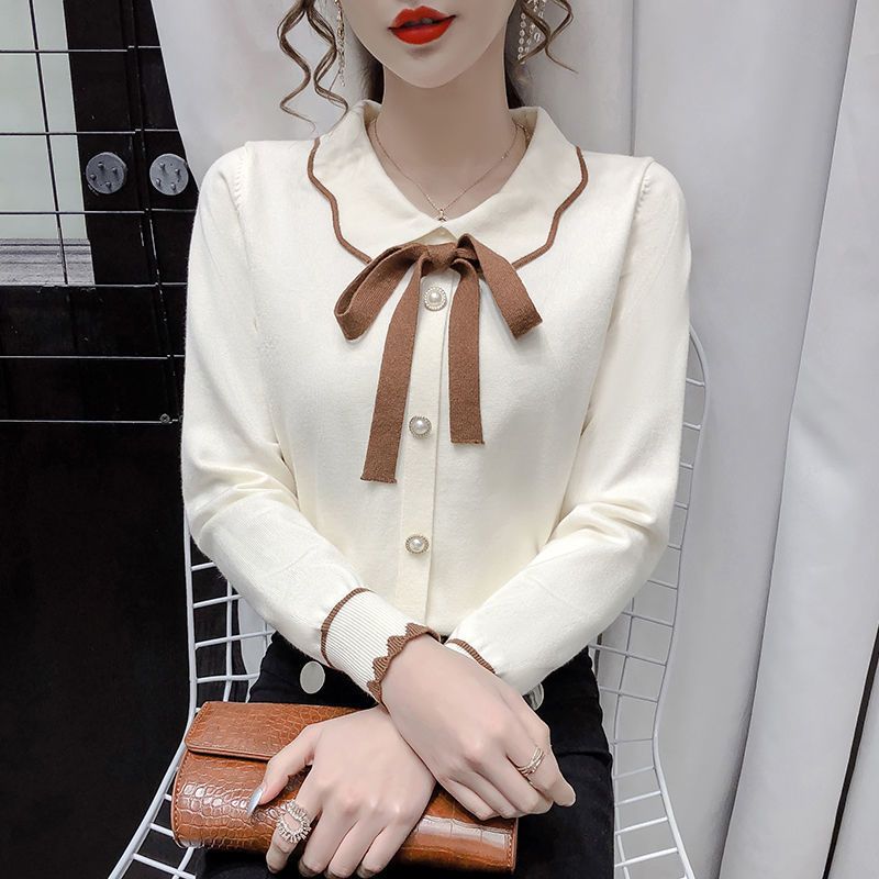 娃娃领慵懒小香风针织衫女外穿春秋新款蝴蝶结宽松套头长袖打
