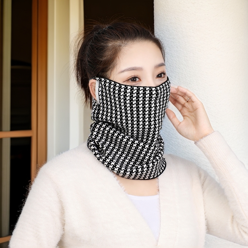 韩版围脖女秋冬季百搭针织挂耳面罩骑车防风保暖护颈脖套加厚格子