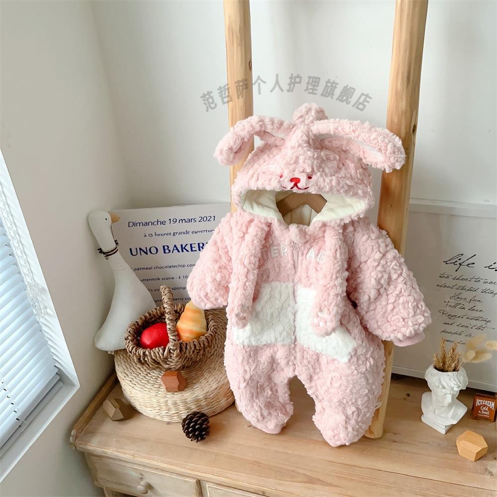 婴儿秋冬衣服韩版卡通加绒棉服女宝宝毛毛衣夹棉连体衣冬装外出服