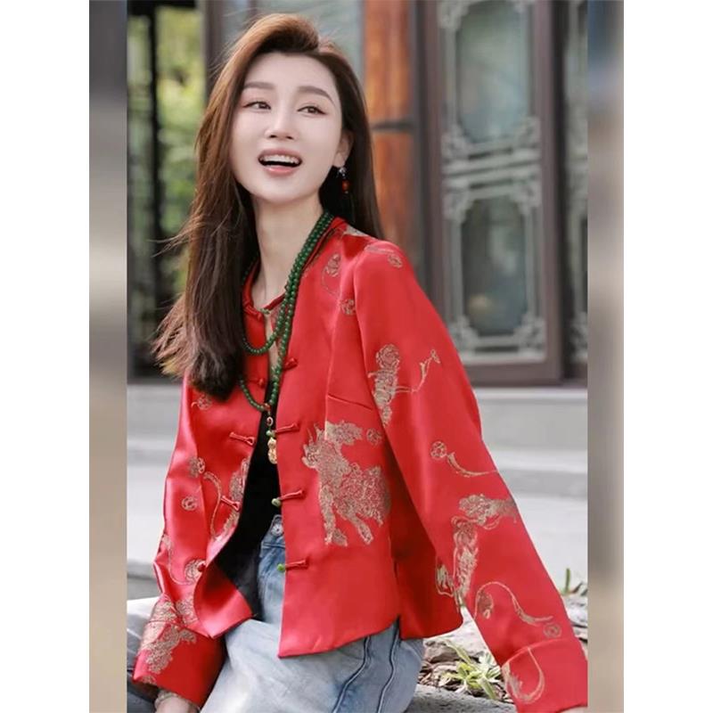 新中式国风红色唐装宋锦外套女春秋装轻奢欧货高级感盘扣短款上衣