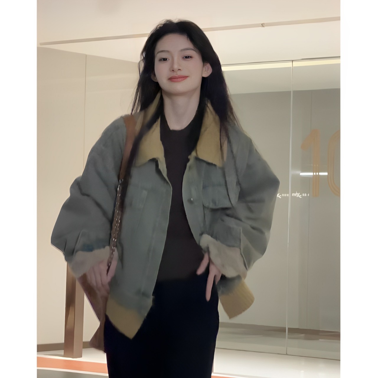 美式复古慵懒风撞色翻领牛仔外套女秋冬季加绒休闲机车服夹克上衣