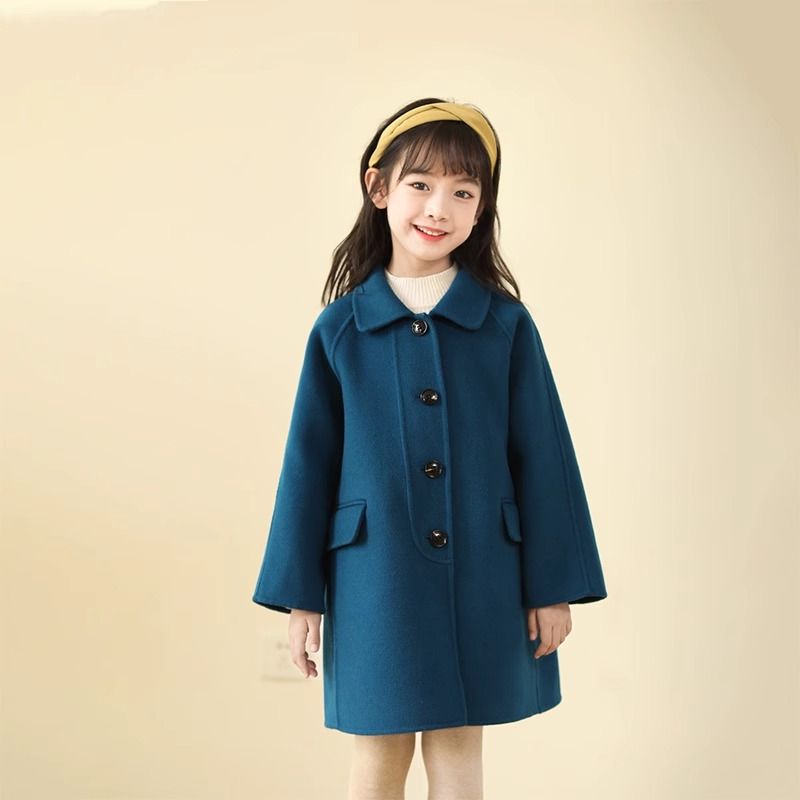 孔雀蓝儿童大衣2023秋冬装中长款宝宝洋气女童呢外套