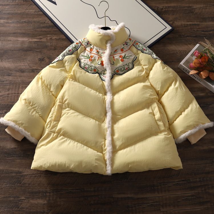 2023年秋冬新款文艺复古温婉新中式民族风立领毛茸茸保暖棉衣儿童