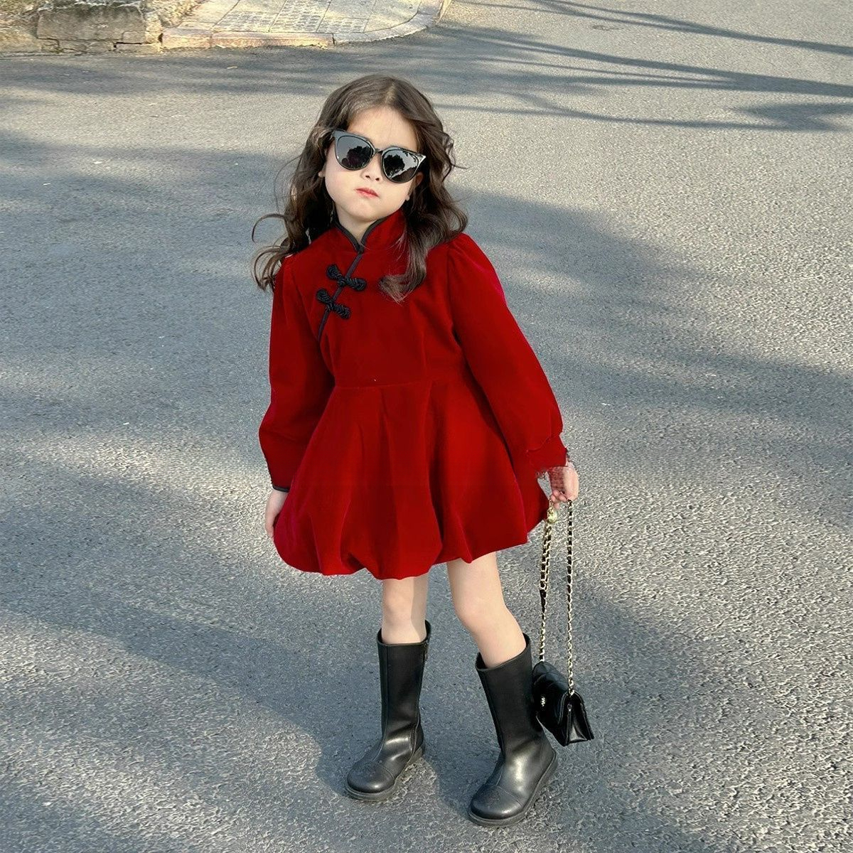 7天发货新中式童装2023秋冬新款新年女童加绒旗袍连衣裙女花苞裙