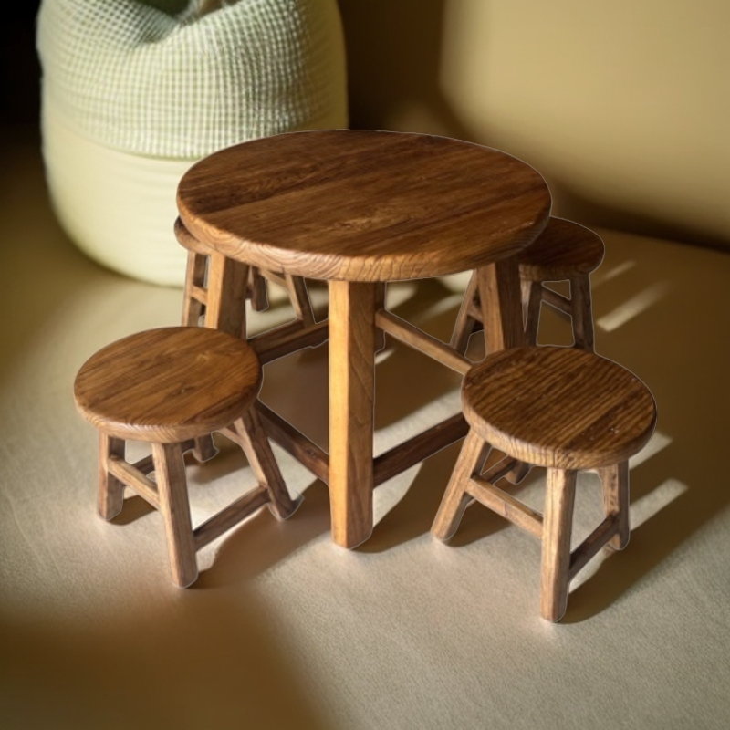 风化餐厅中式老榆木小圆桌复古实木圆桌圆凳家用餐椅凳子木板板凳