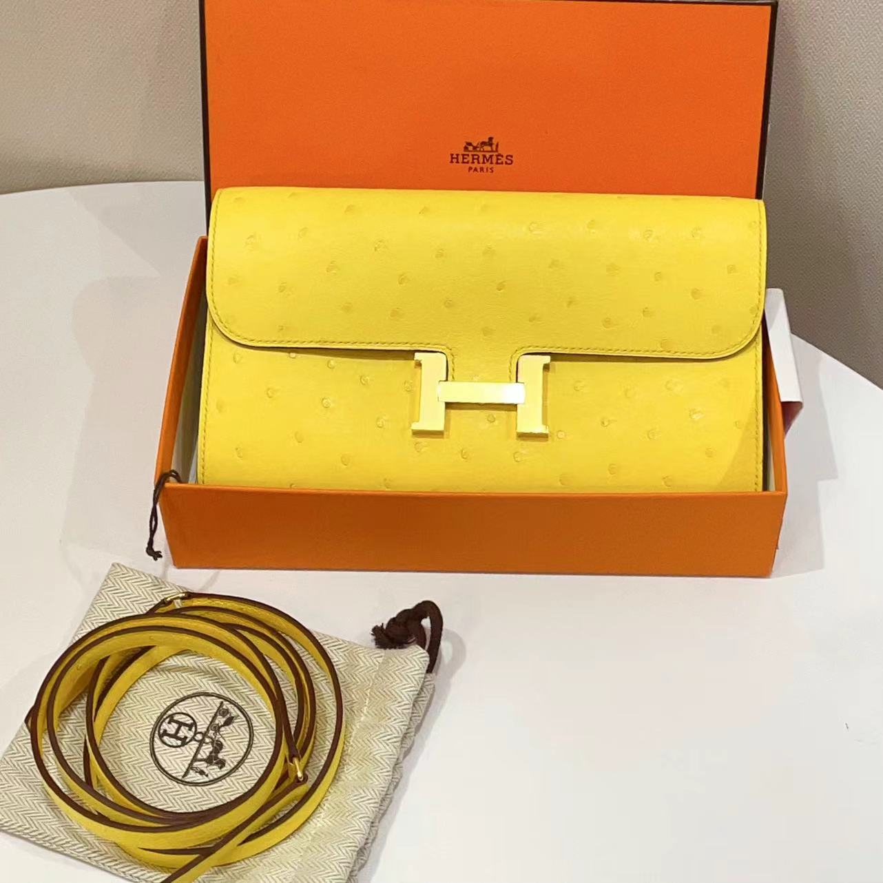 未使用 Hermes/爱马仕 蔚蓝/康康togo 柠檬黄玫瑰金扣 Z刻