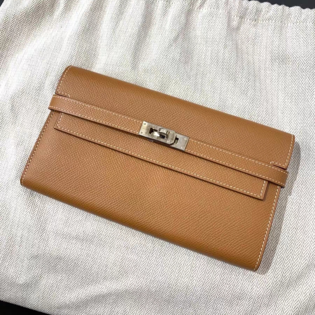 99新 Hermes/爱马仕 蔚蓝中古/金棕银扣kelly long长款钱包