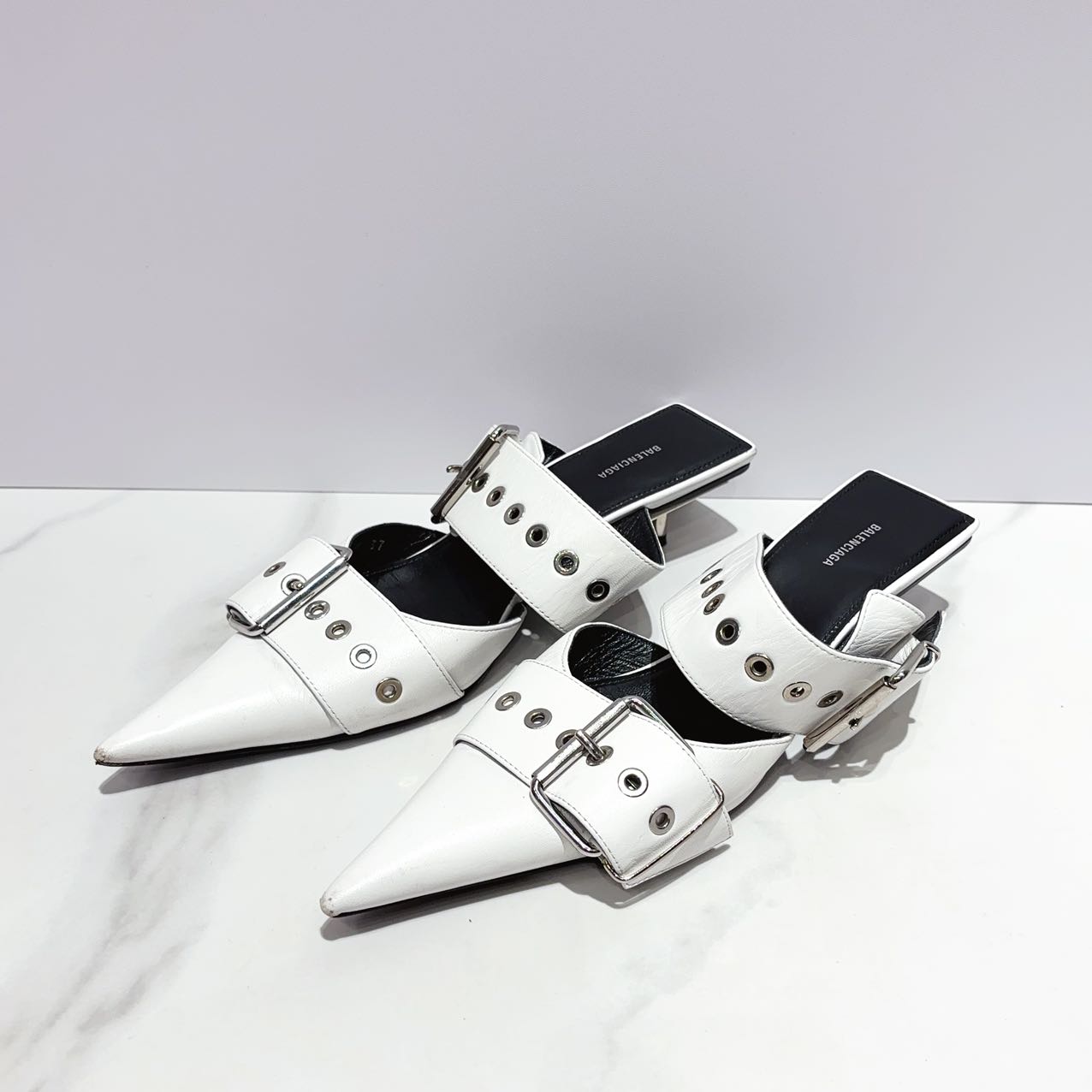 99新 Balenciaga/巴黎世家 蔚蓝/铆钉靴 机车高跟鞋 白色 37码