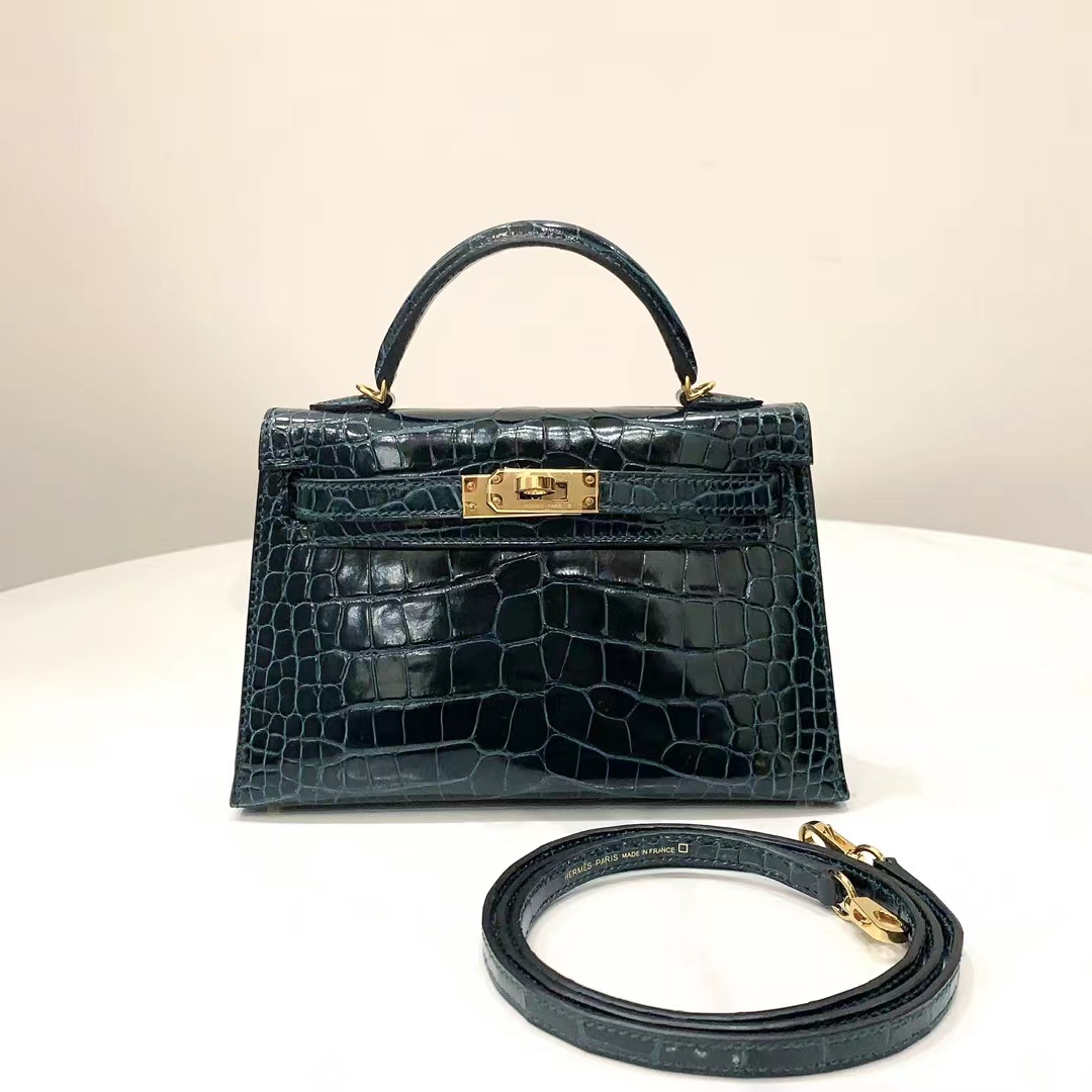 未使用 Hermes/爱马仕 蔚蓝中古/mini kelly二代67松柏绿金扣