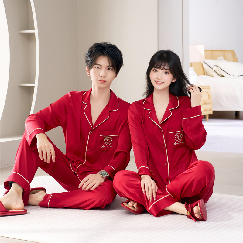 《山茶花》情侣结婚喜庆红色长袖冰丝睡衣男女士春秋婚庆时尚家居服