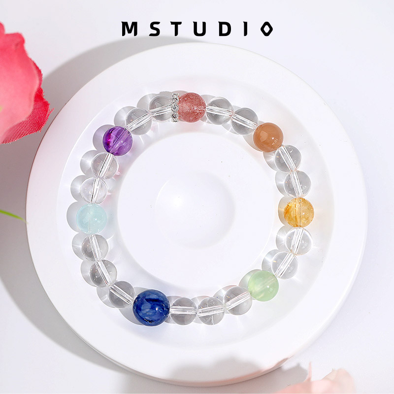 【多宝行星环】白水晶太阳石草莓晶黄塔晶蓝晶石7-10mm手串面小仙