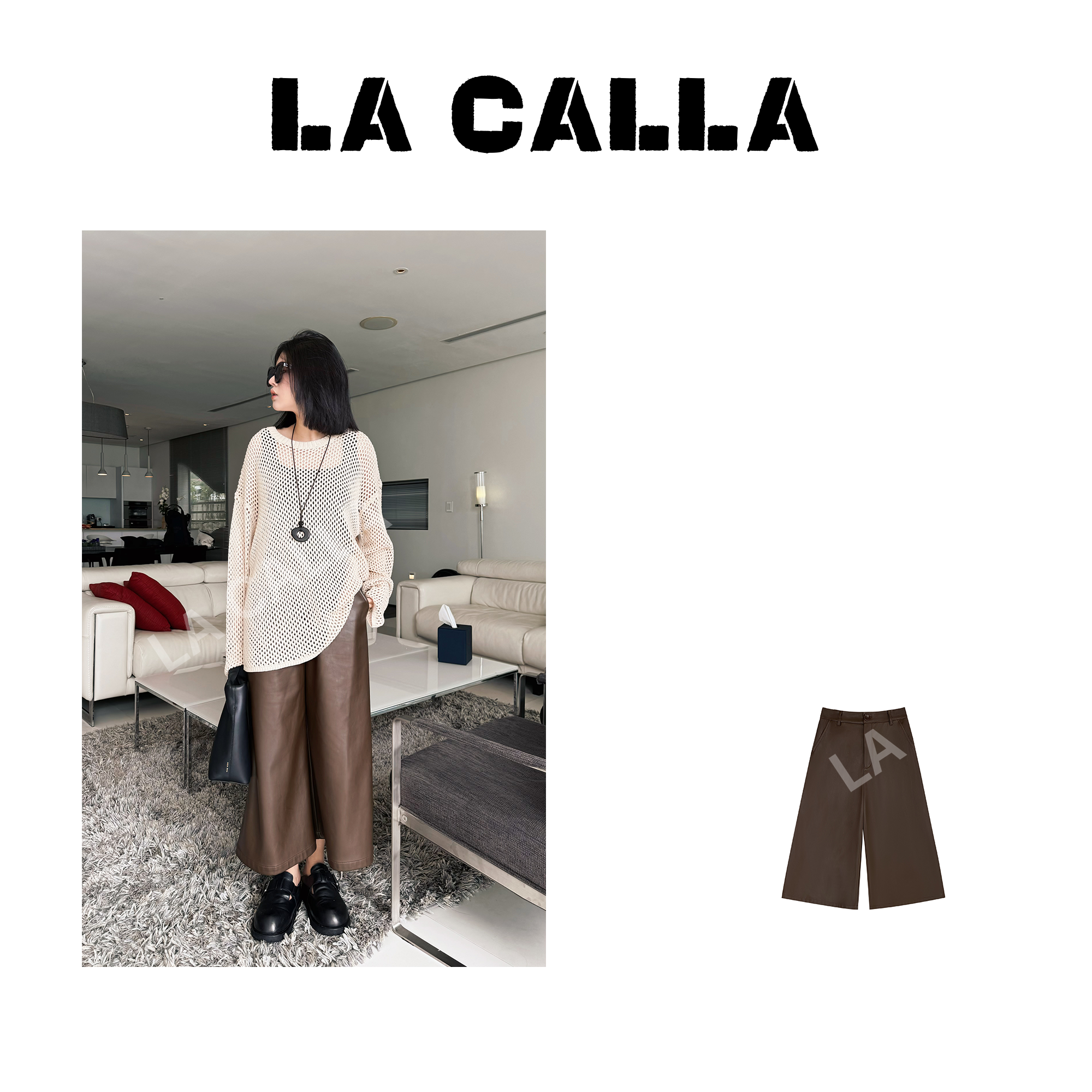 LA CALLA《特价不退不换》八分皮裤深咖色潮流显瘦小众休闲皮裤H559