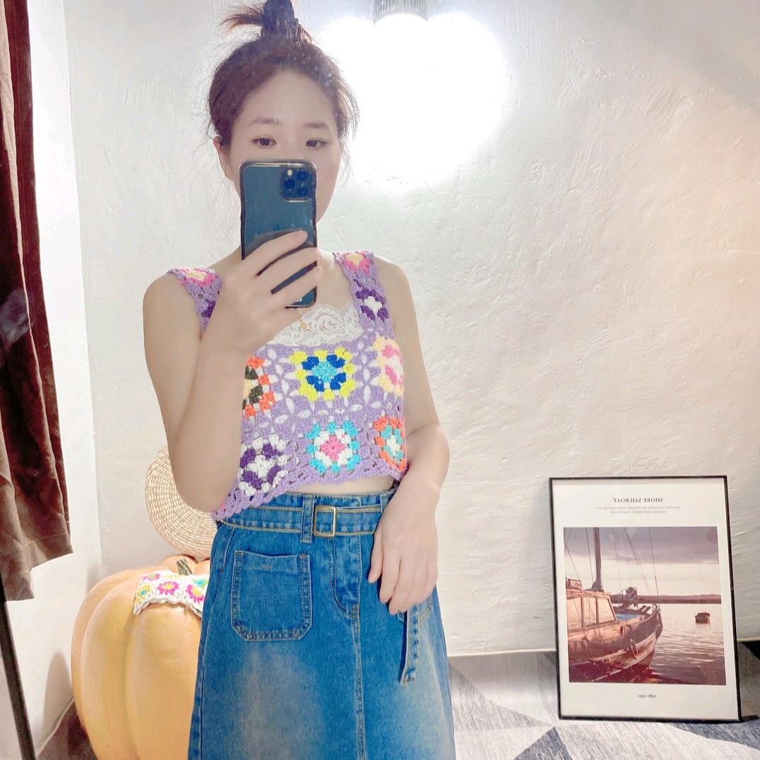 手工钩织祖母格镂空钩花针织背心女短款春夏新款民族风无袖上衣