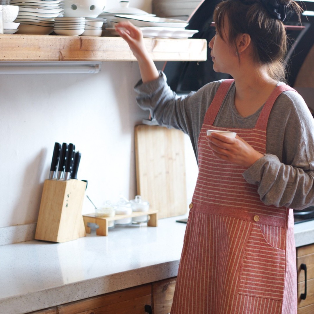 棉麻围裙条纹日式厨房家用围裙加厚防油围裙