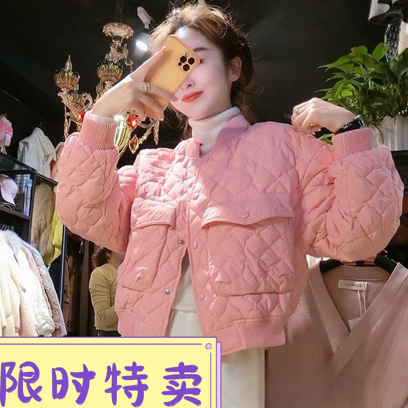 鸭鸭拼接口袋菱格羽绒服外套女秋冬新款立领纽扣时尚羽绒服宽松粉
