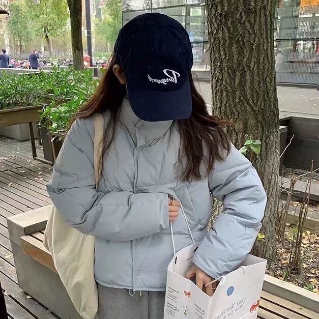 蓝色羽绒服女短款2023年新款韩版小个子白鸭绒面包服外套冬季加女