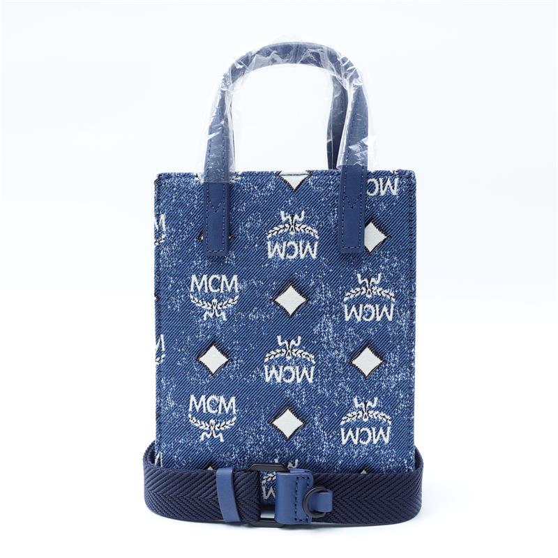 95新 MCM 蓝拼白色老花牛仔丹宁小托特斜挎包/H_JMWXNWK00205