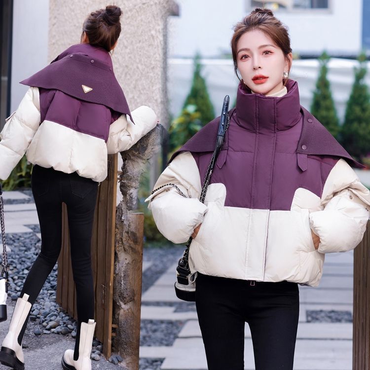 拼接撞色加厚羽绒服女2023冬季新款洋气小个子披肩短款白鸭绒外套