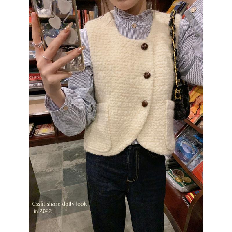 森系圆领圈呢加厚时尚马甲2023春季新款叠穿上衣潮流背心坎肩