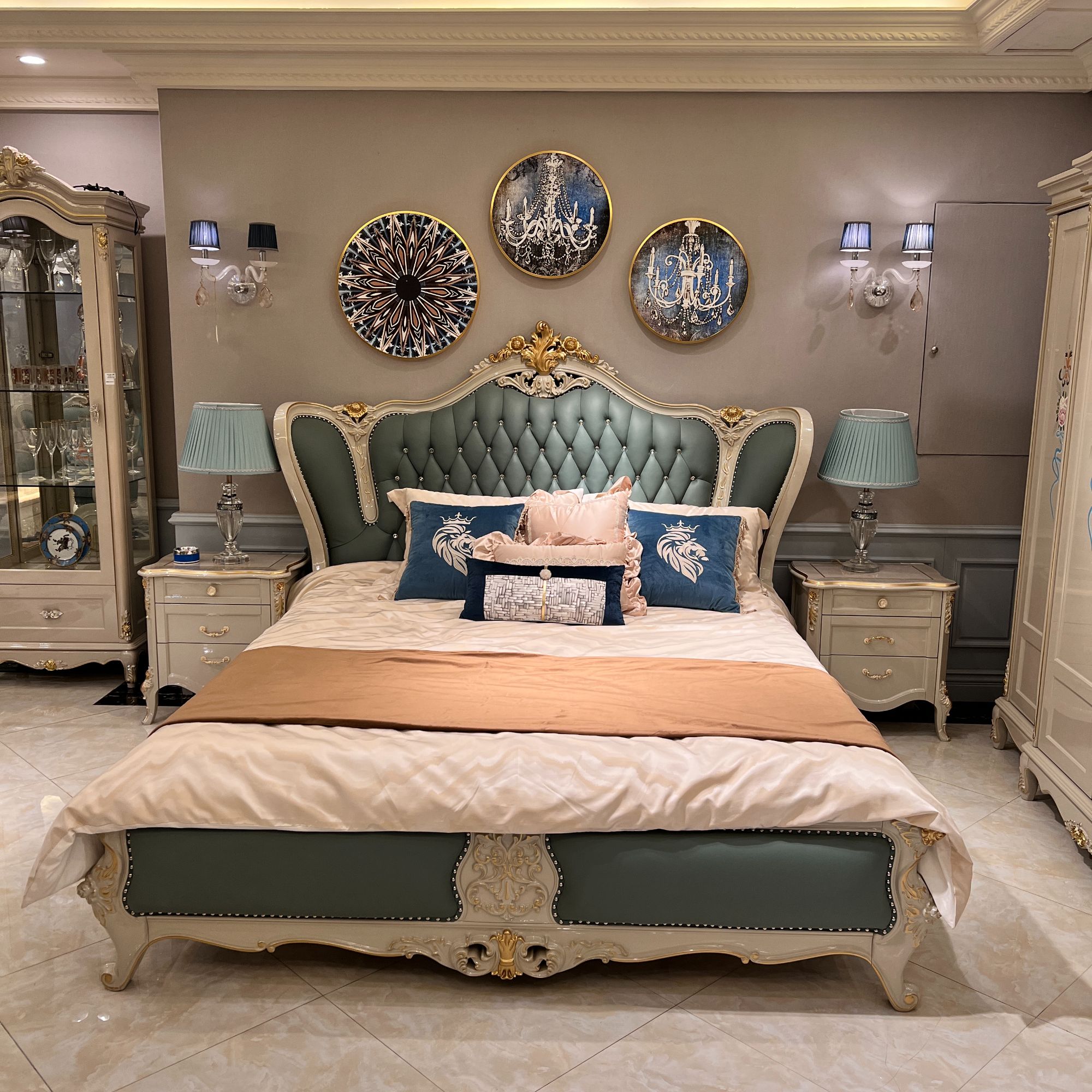 宝居乐法式轻奢双人床奢华全实木雕花金箔烤漆宝马灰别墅床Q267B