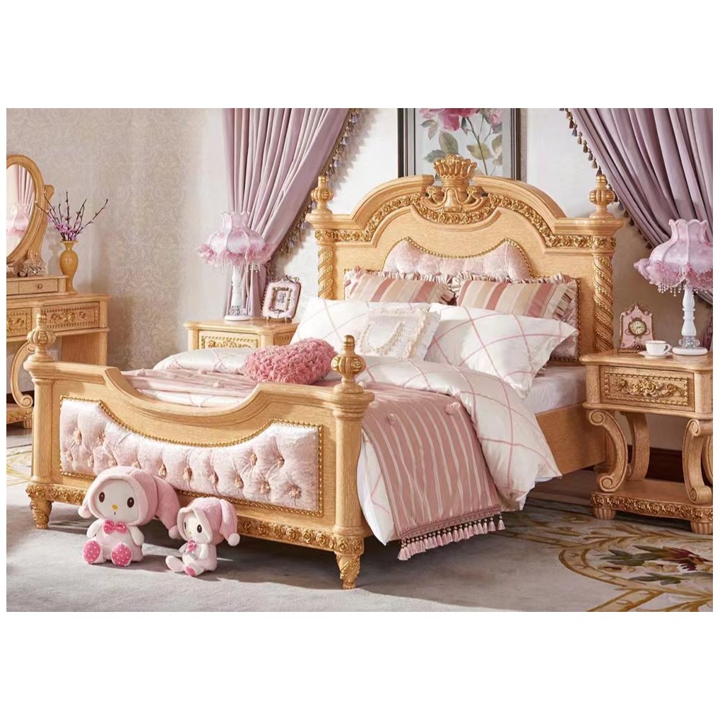 宝宝居乐W588-2床 W588-2床头柜欧式雕花公主床大床别墅做旧原木