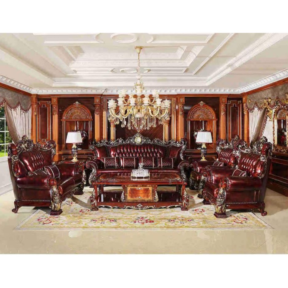 宝居乐F99欧式沙发全实木真皮客厅沙发别墅宫廷雕花头层牛皮金箔