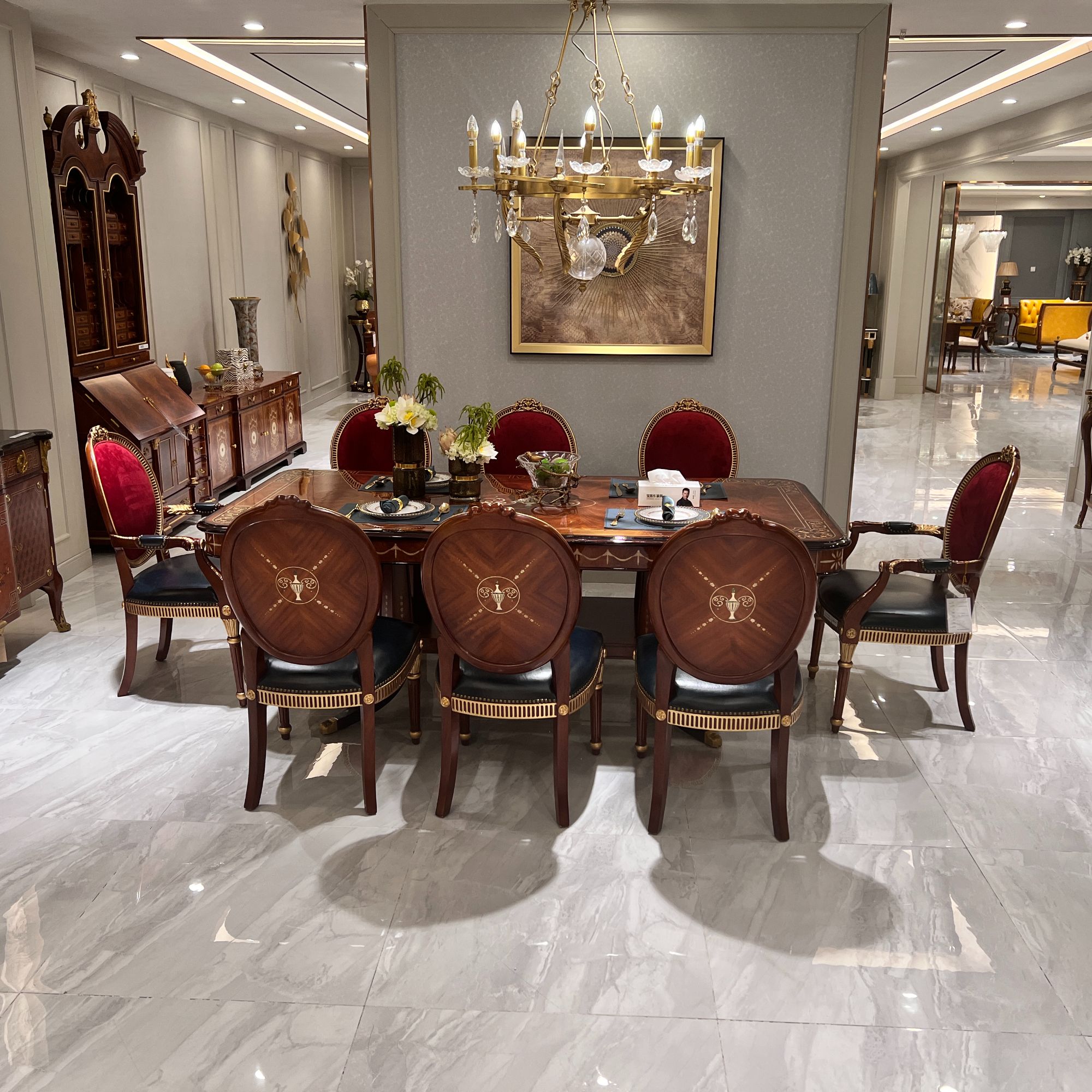 BJ1001A25B长餐桌黑胡桃纯铜配饰英式BJ-1001A-23无扶手餐椅